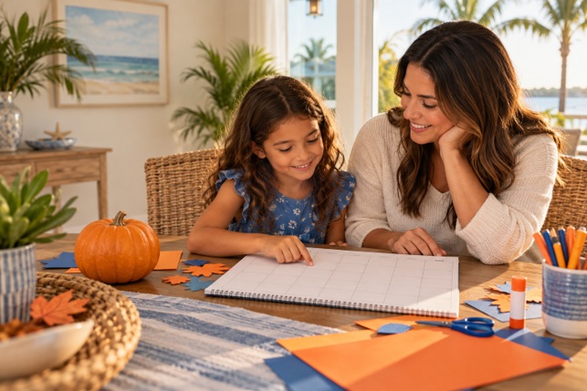 A caregiver and child planning fall activities together with a calendar and craft supplies in a Southwest Florida home.